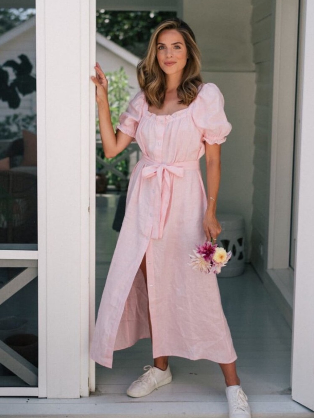 Sleeper Brigitte Pink Linen Maxi Dress XS